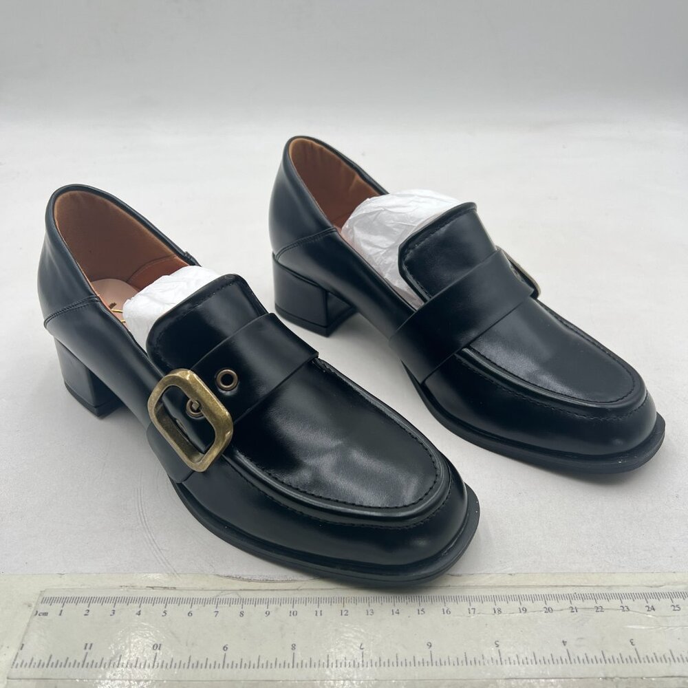 Ydn Black Chunky Heels Square Toe Loafers Shoes Slip On Office Pumps